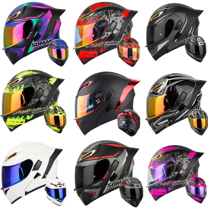 Dual Visor Motorcycle Racing Helmet - SOMAN Integralhelm Dual Lens Flip Up